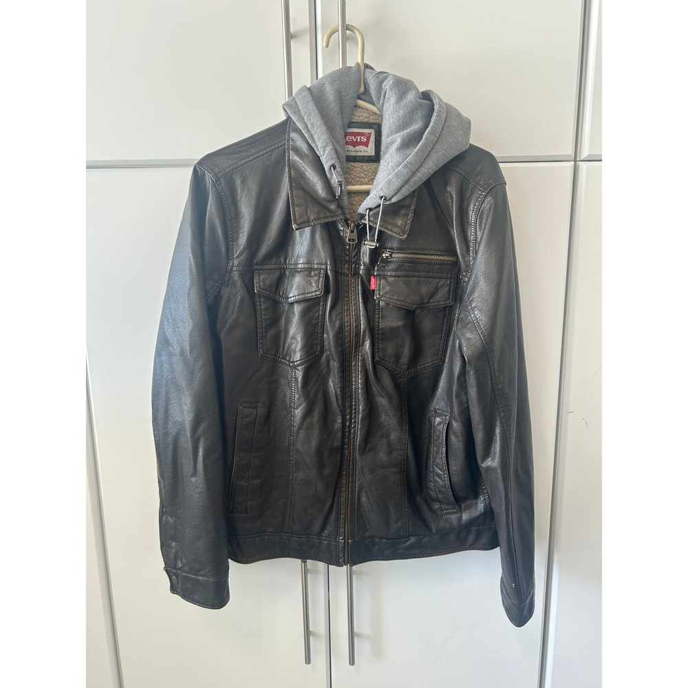 Levis Mens Faux Leather Sherpa Lined Hooded Trucker Jacket Dark Brown XL
